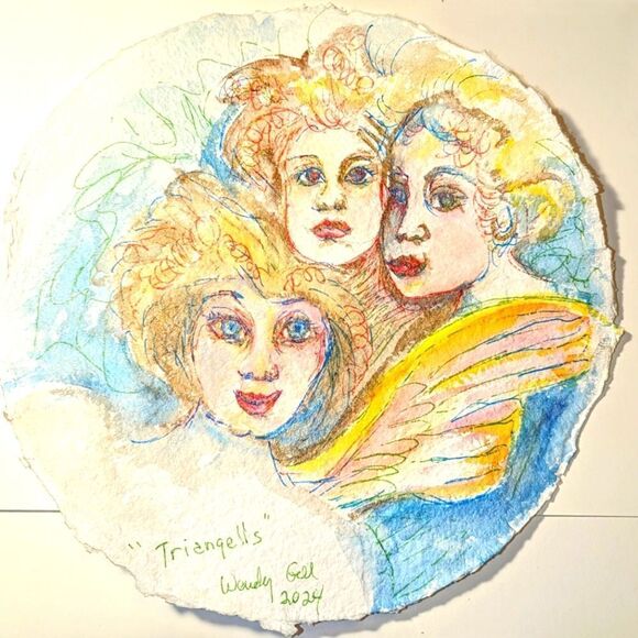 Wendy Gell Art Watercolor 'three angels" iridescent paint and metallic markers.